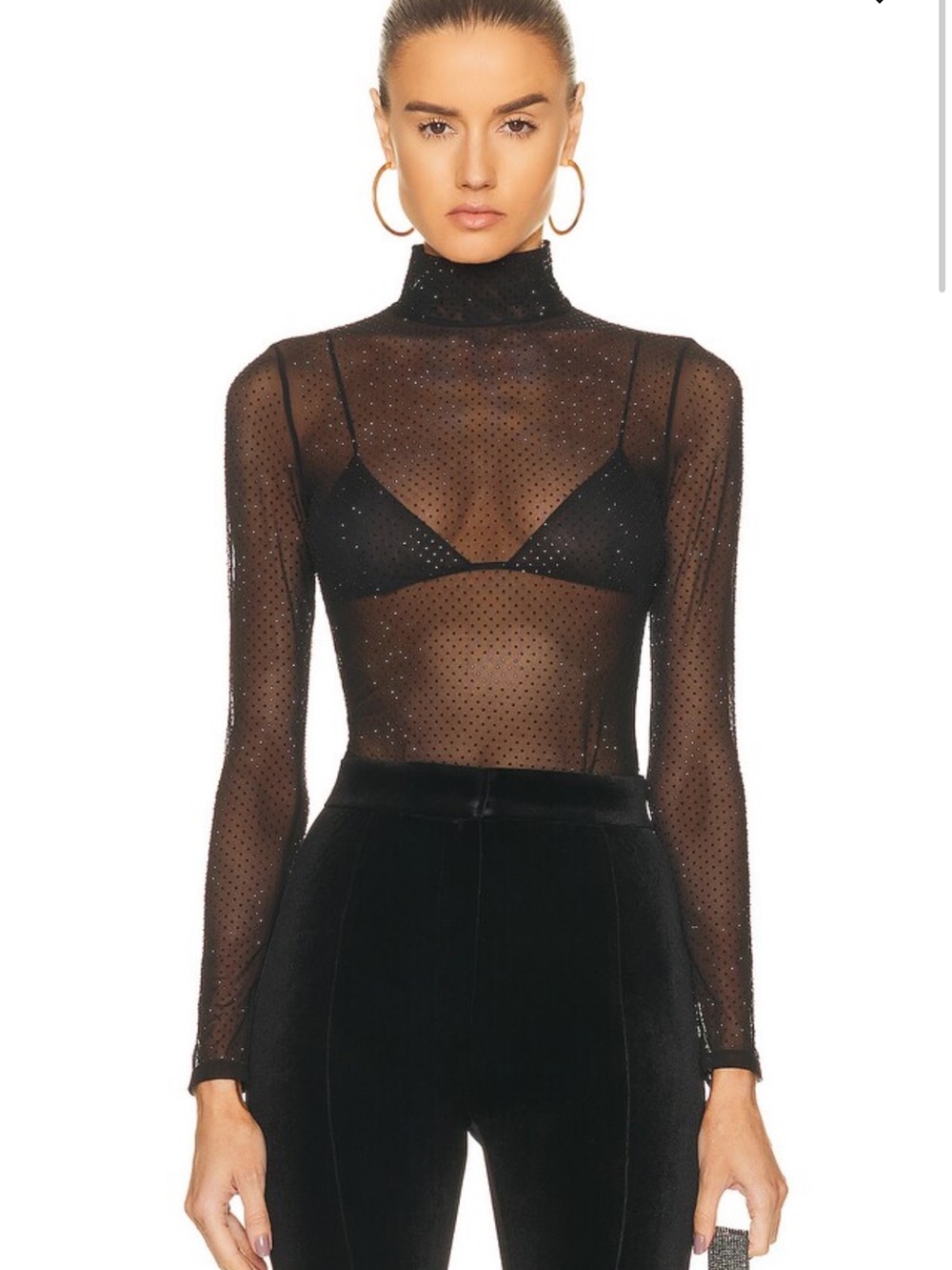 Fleur du Mal Sheer Rhinestone Mock-Neck Long Sleeve Top — Black
